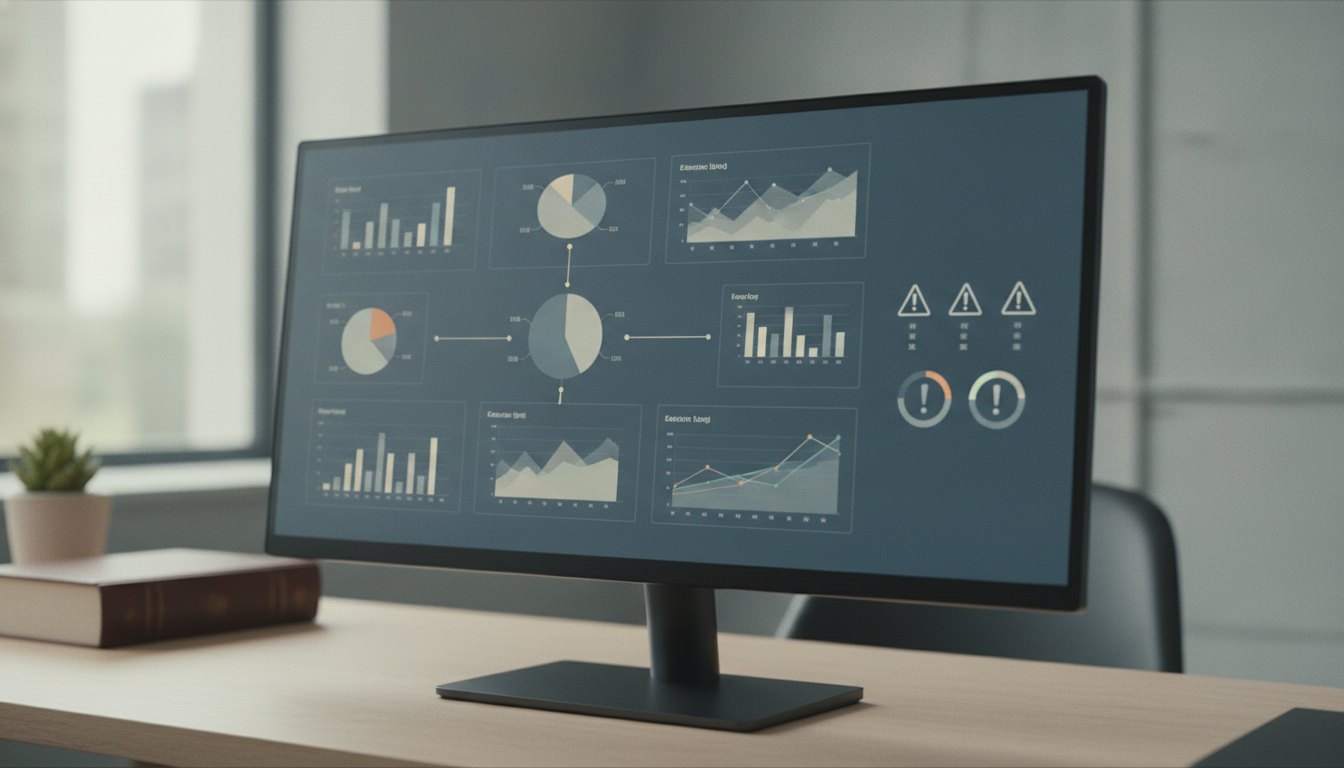 Tela de computador exibindo um painel de controle com gráficos e notificações de alertas.