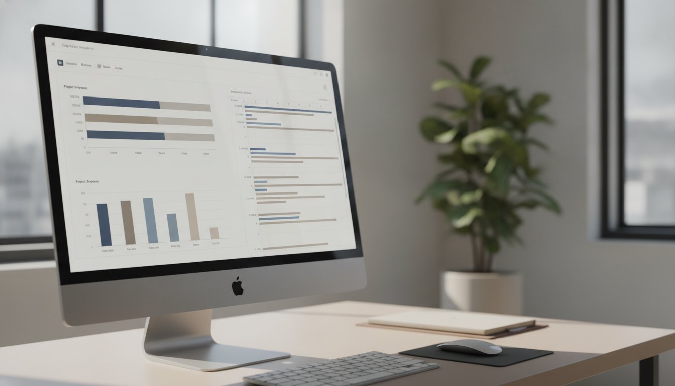 Tela de computador exibindo um painel com gráficos de barras e cronogramas de atividades organizadas.