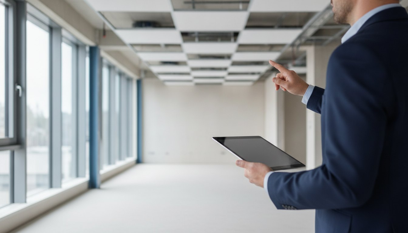 Engenheiro segurando um tablet corporativo enquanto inspeciona a montagem de um forro rebaixado no escritório.