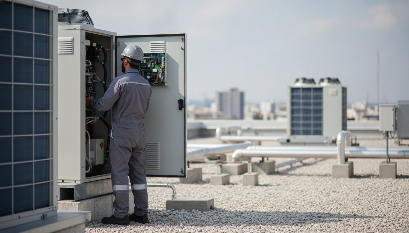Técnico uniformizado inspecionando o painel de um equipamento de ar-condicionado em um telhado comercial