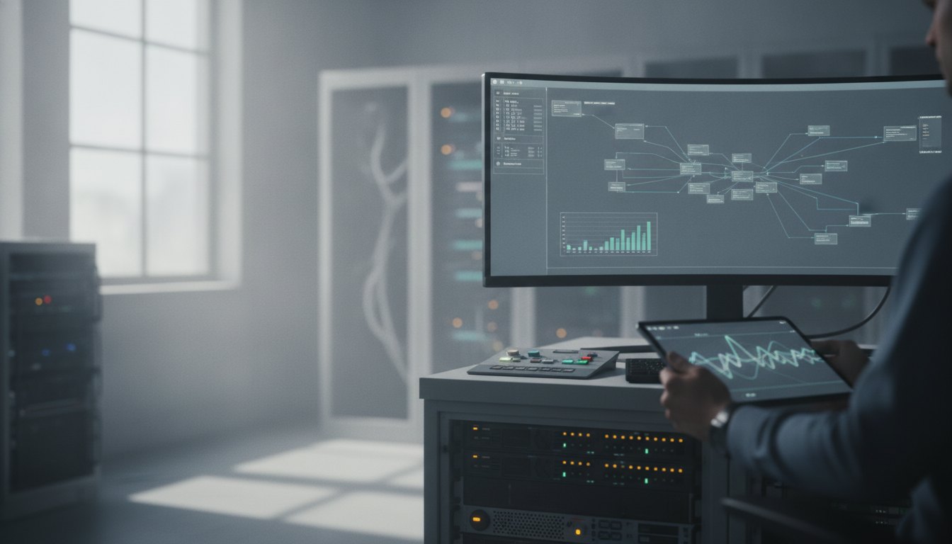 Operador observa tela de computador com painel de monitoramento enquanto segura um tablet em sala técnica.