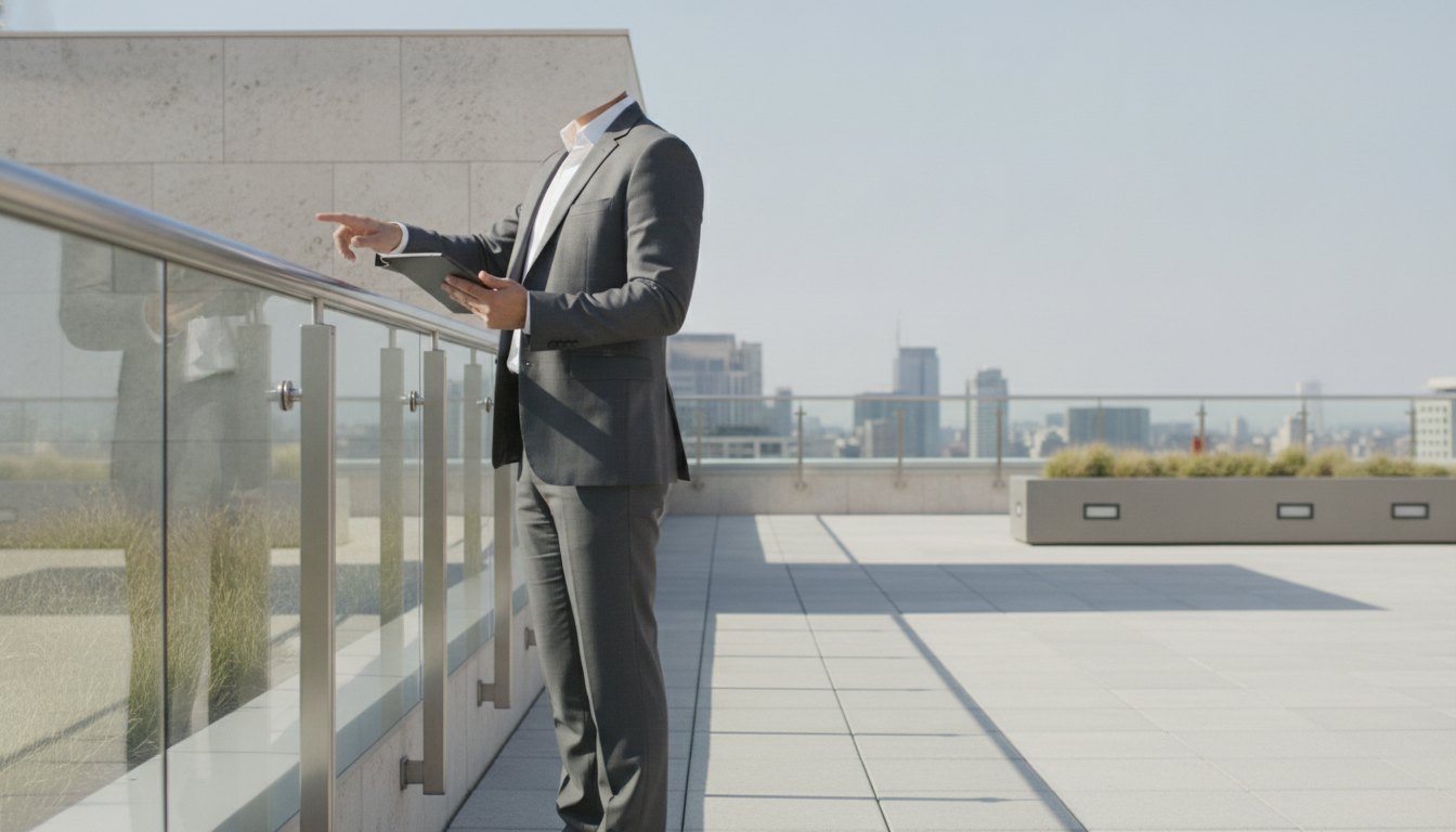 Profissional com tablet inspeciona guarda-corpos e acabamentos em um terraço corporativo a céu aberto.