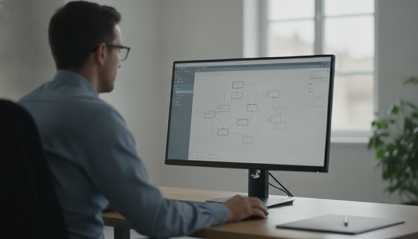 Homem de óculos olhando para um monitor de computador em um escritório.