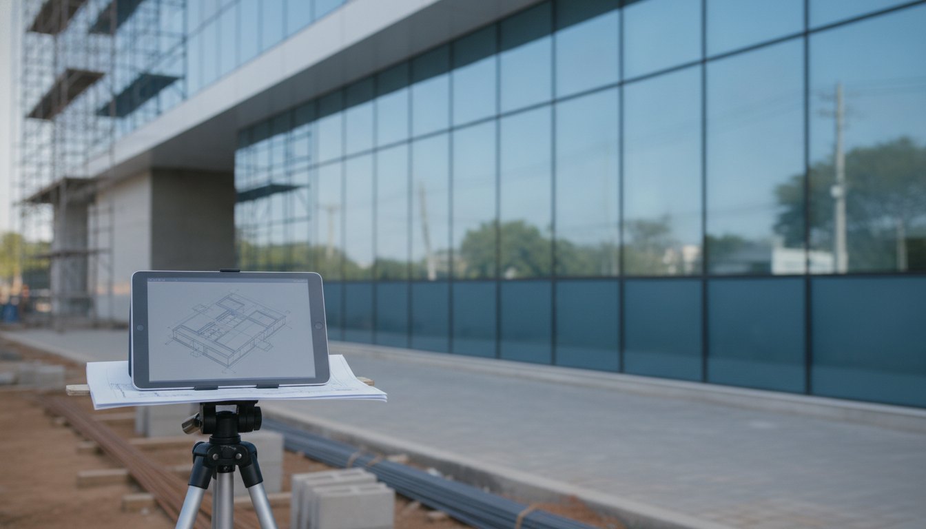 Engenheiro civil com tablet em frente a uma fachada de vidro de prédio comercial.