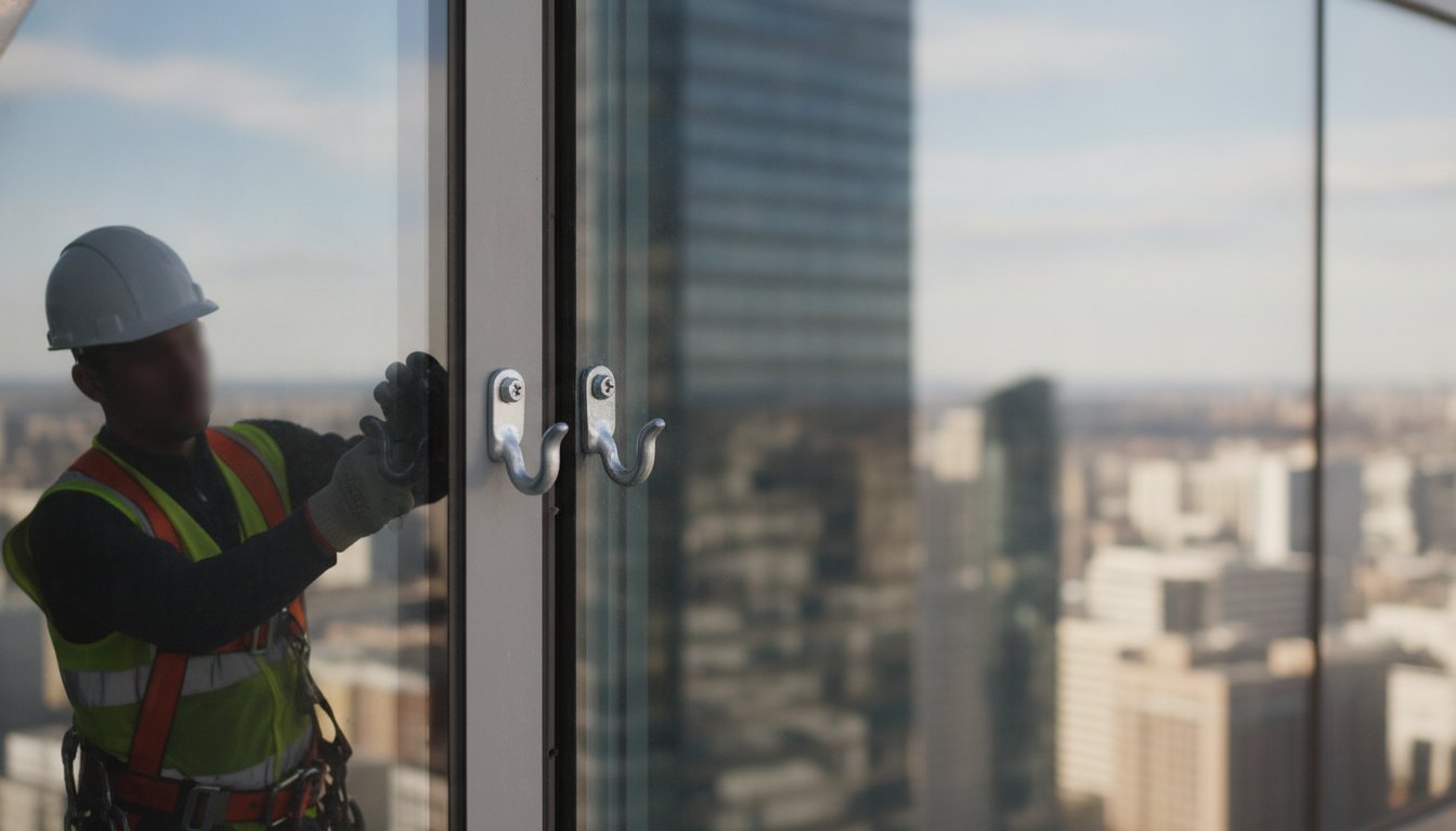 Trabalhador com equipamento de segurança inspeciona ganchos de fixação em uma janela de edifício corporativo.