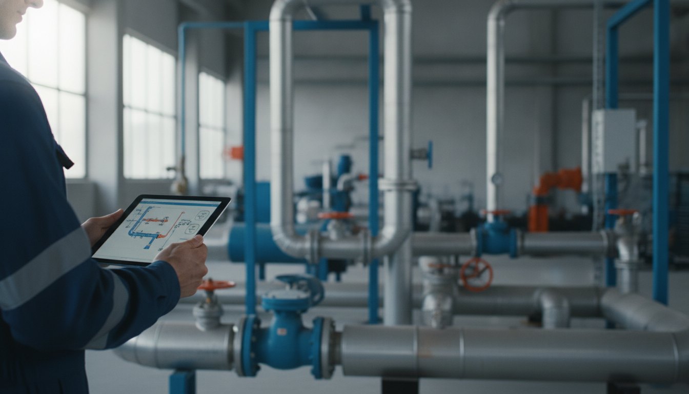 Homem de uniforme segurando um tablet digital em frente a uma tubulação industrial de água.