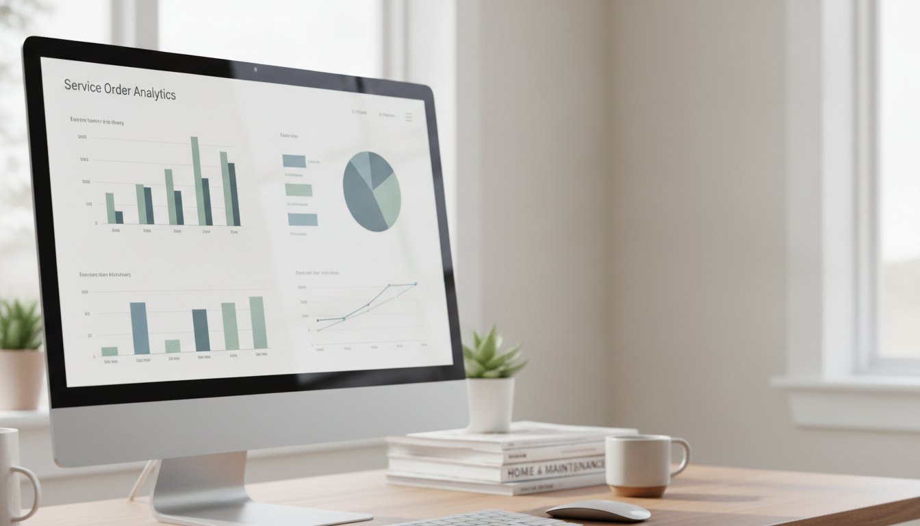 Tela de computador exibindo um painel de software corporativo com gráficos de ordens de serviço.