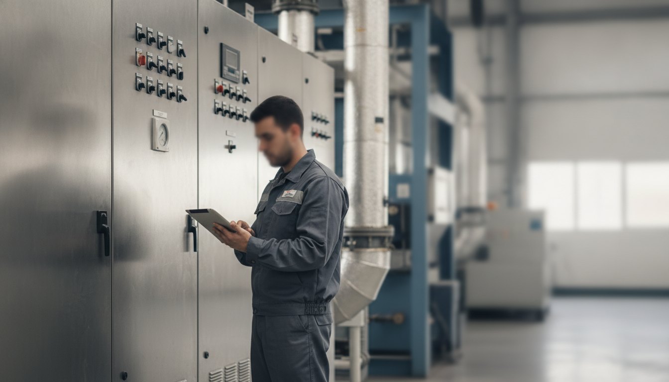 Homem de uniforme segurando um tablet em frente a um painel de ar condicionado industrial.