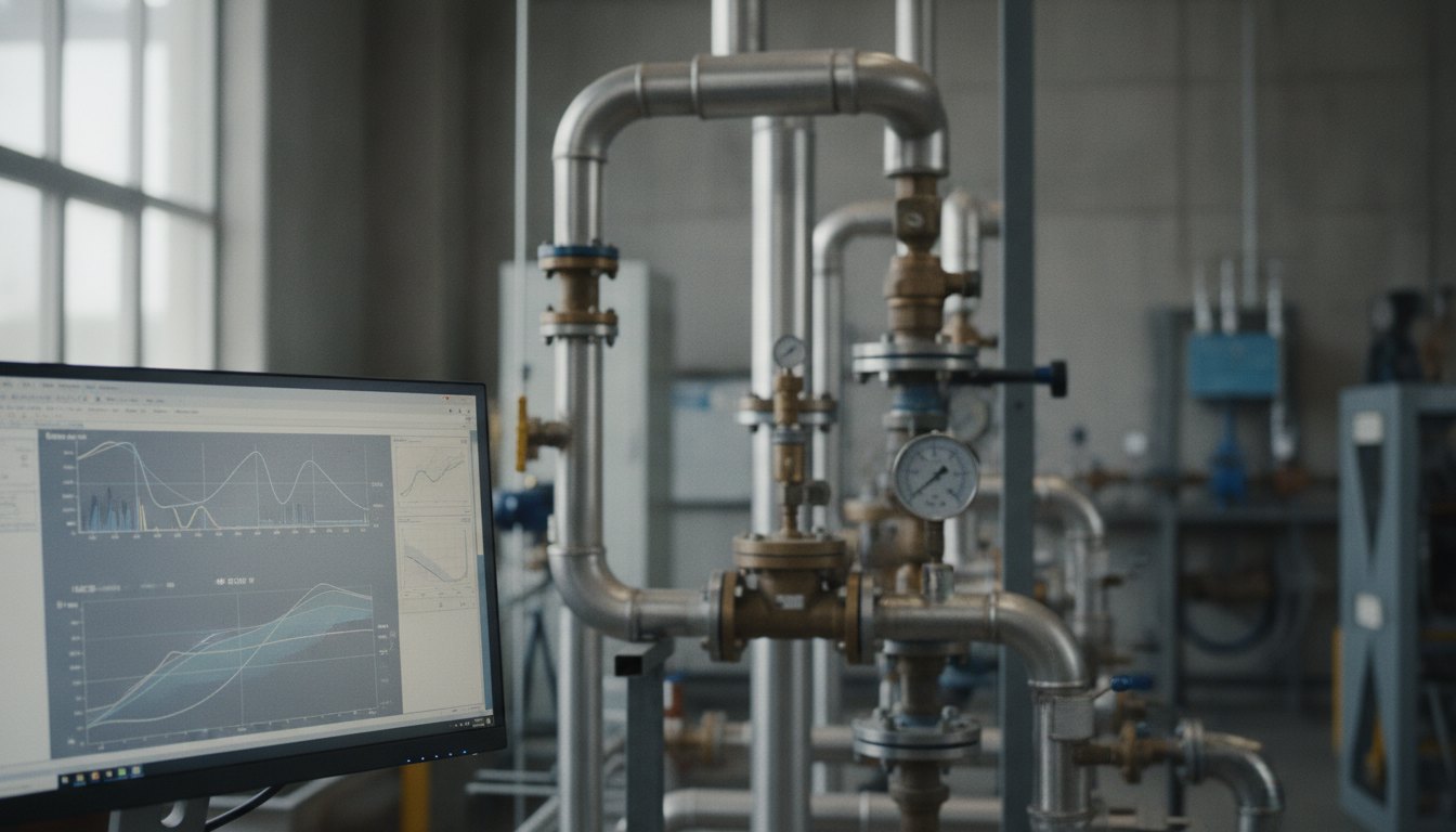 Tela de computador exibindo painel de controle com gráficos ao lado de uma tubulação industrial.