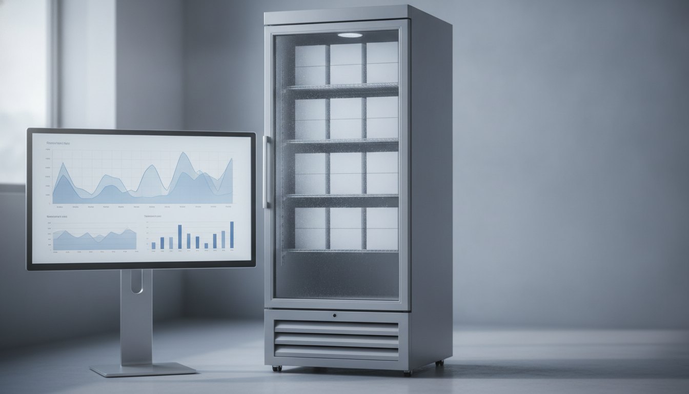 Tela de software corporativo com gráficos de desempenho ao lado de um refrigerador comercial.