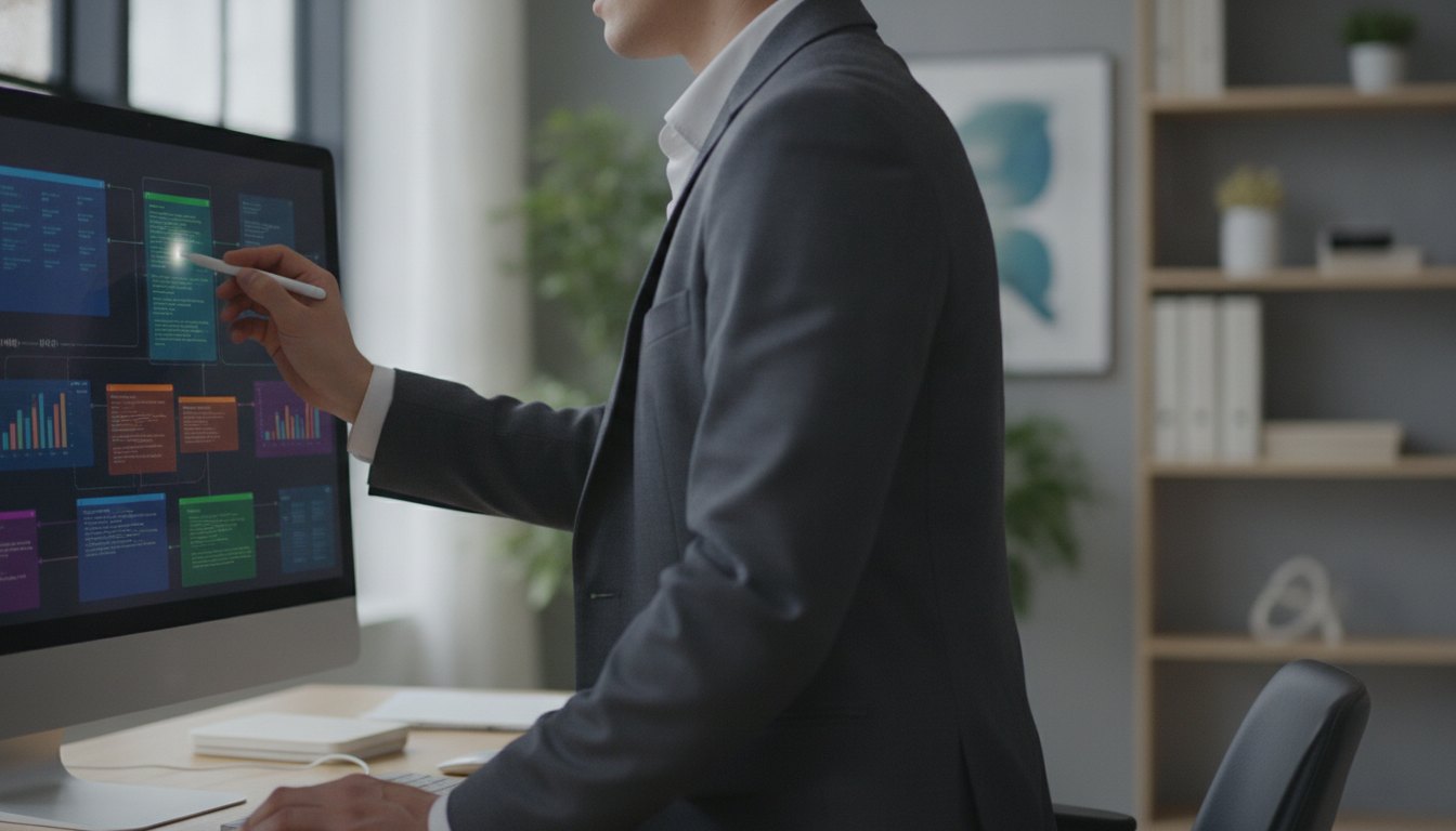 Profissional de tecnologia ajustando fluxos de dados em um monitor com painéis gráficos coloridos interativos