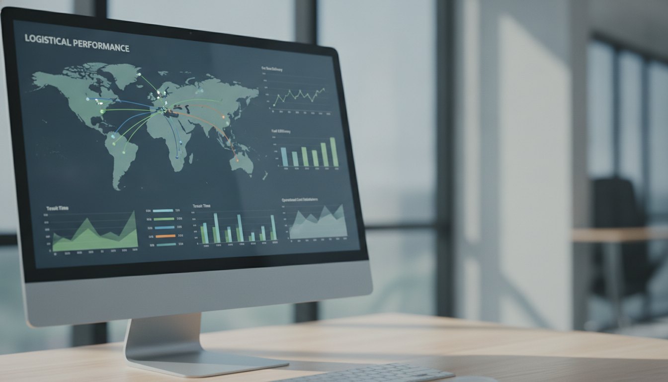 Tela de computador exibindo mapa com rotas traçadas e gráficos de desempenho logístico de transportes.