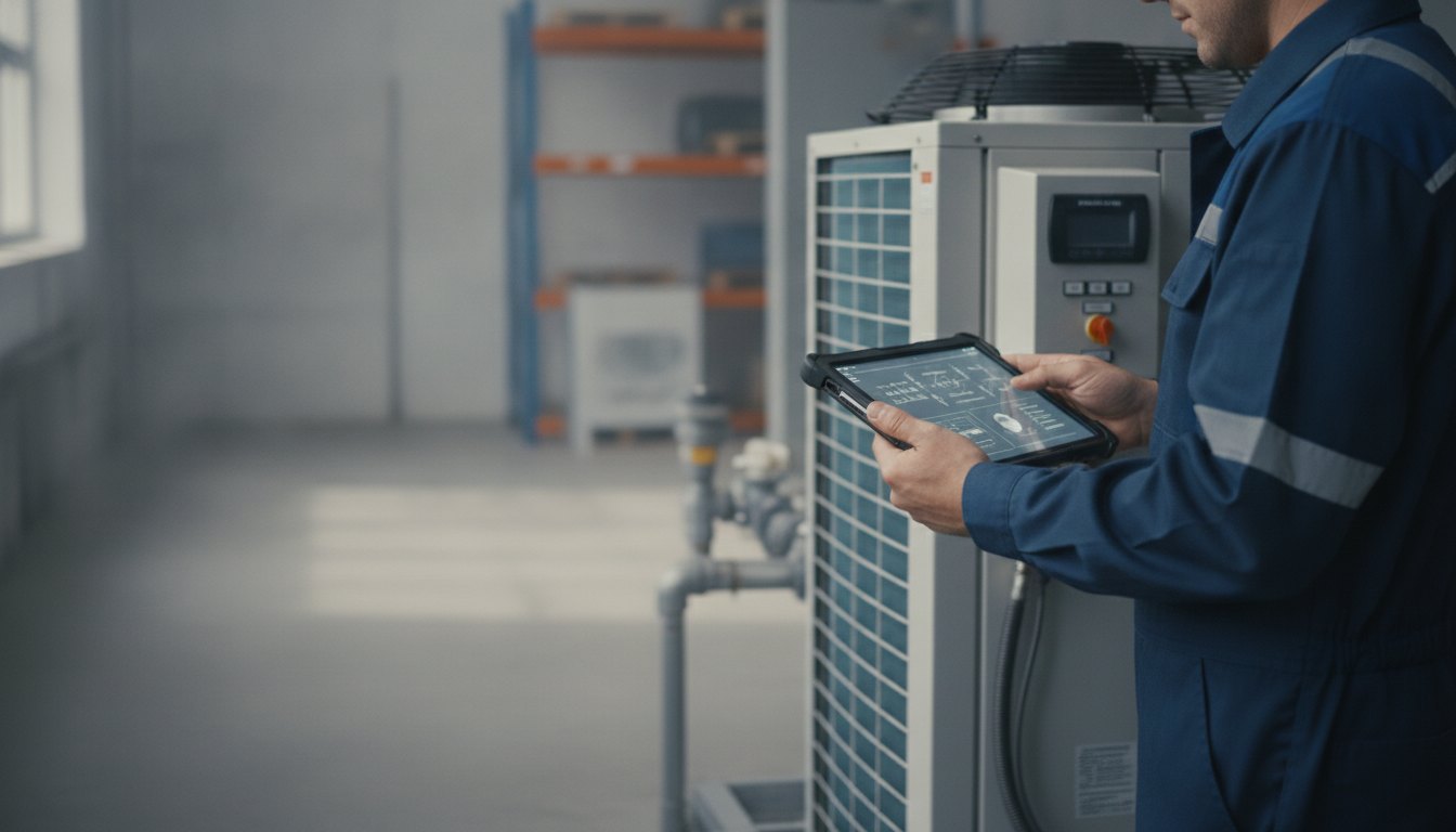 Profissional uniformizado registrando dados em um tablet corporativo ao lado de um equipamento de ar condicionado.