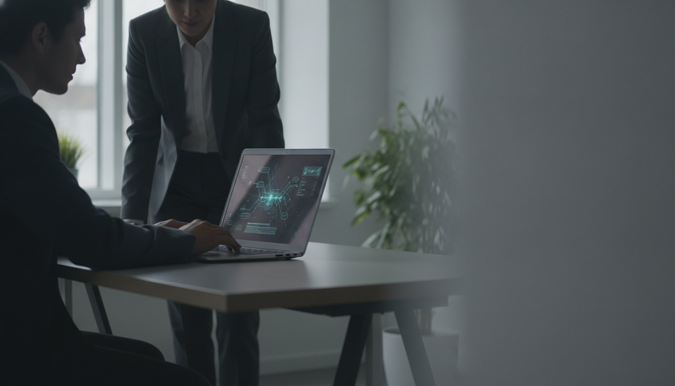 Profissional de recursos humanos digitando em um notebook enquanto uma nova funcionária observa a tela.