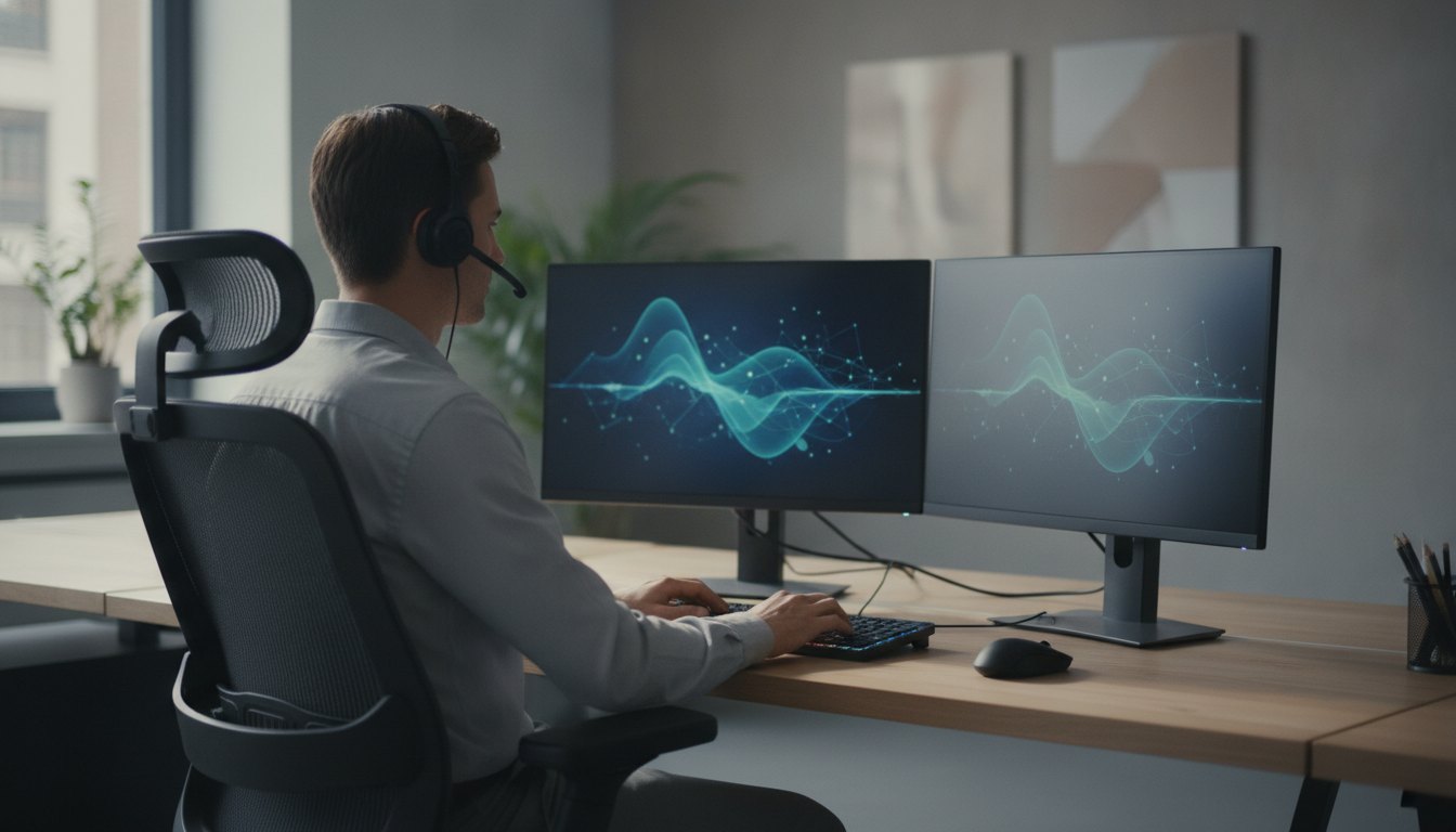 Operador com fone de ouvido digitando em um teclado diante de dois monitores ligados.