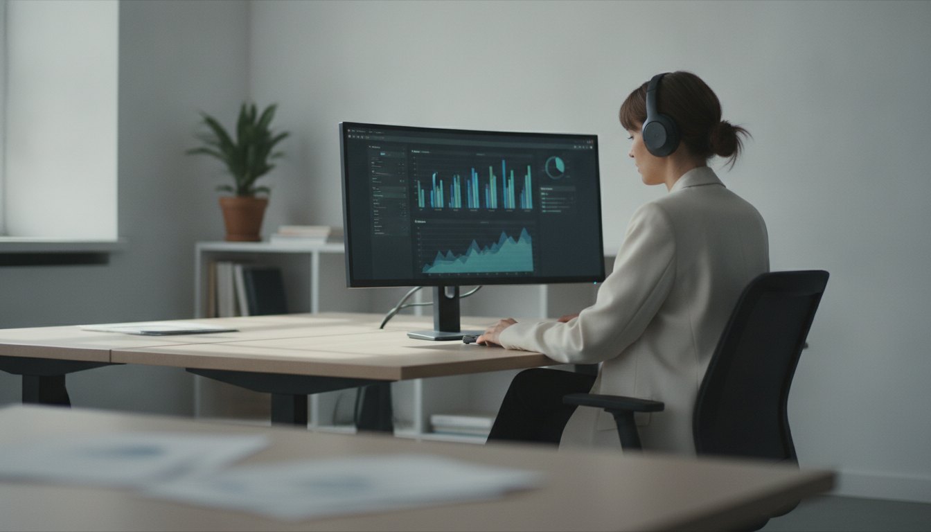 Mulher sentada em escritório moderno olhando gráficos em um monitor de computador com fones de ouvido.