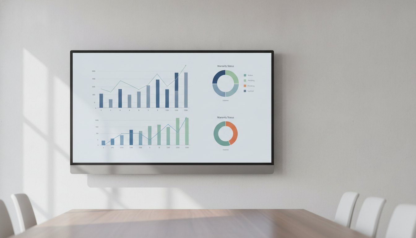 Painel de software corporativo exibindo gráficos de barras e status de garantias na tela.