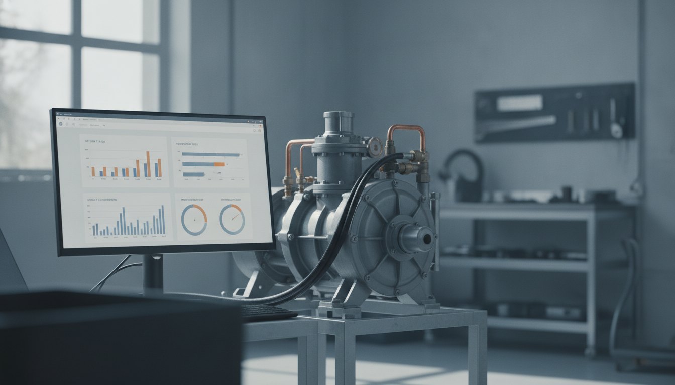 Tela de computador exibindo painel de software de gestão ao lado de um compressor de refrigeração.