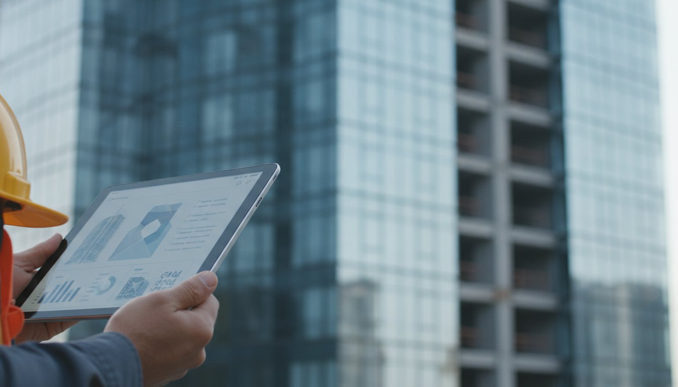 Operador analisa dados em um tablet com uma fachada envidraçada ao fundo.