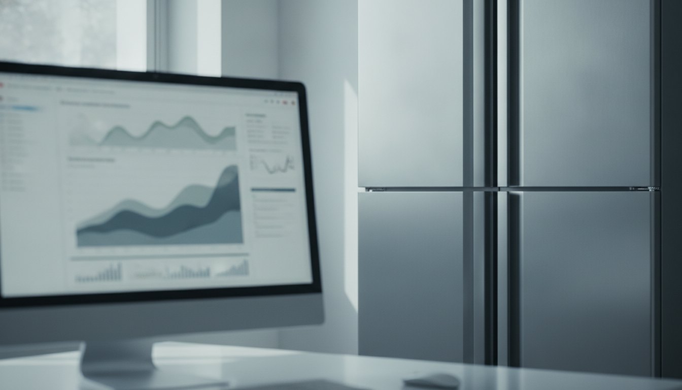 Monitor exibindo painel de controle financeiro com gráficos ao lado de um refrigerador comercial de inox.