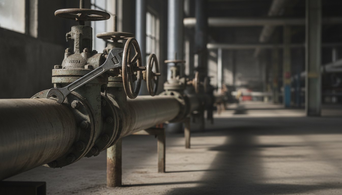 Profissional de manutenção ajustando válvulas de uma tubulação industrial com o auxílio de uma chave inglesa.