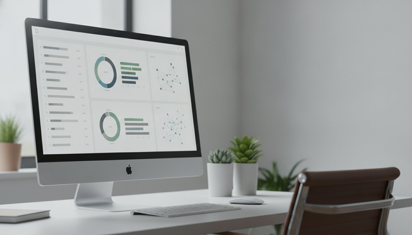 Tela de computador exibindo um painel com listas de nomes, status de vagas e gráficos de desempenho