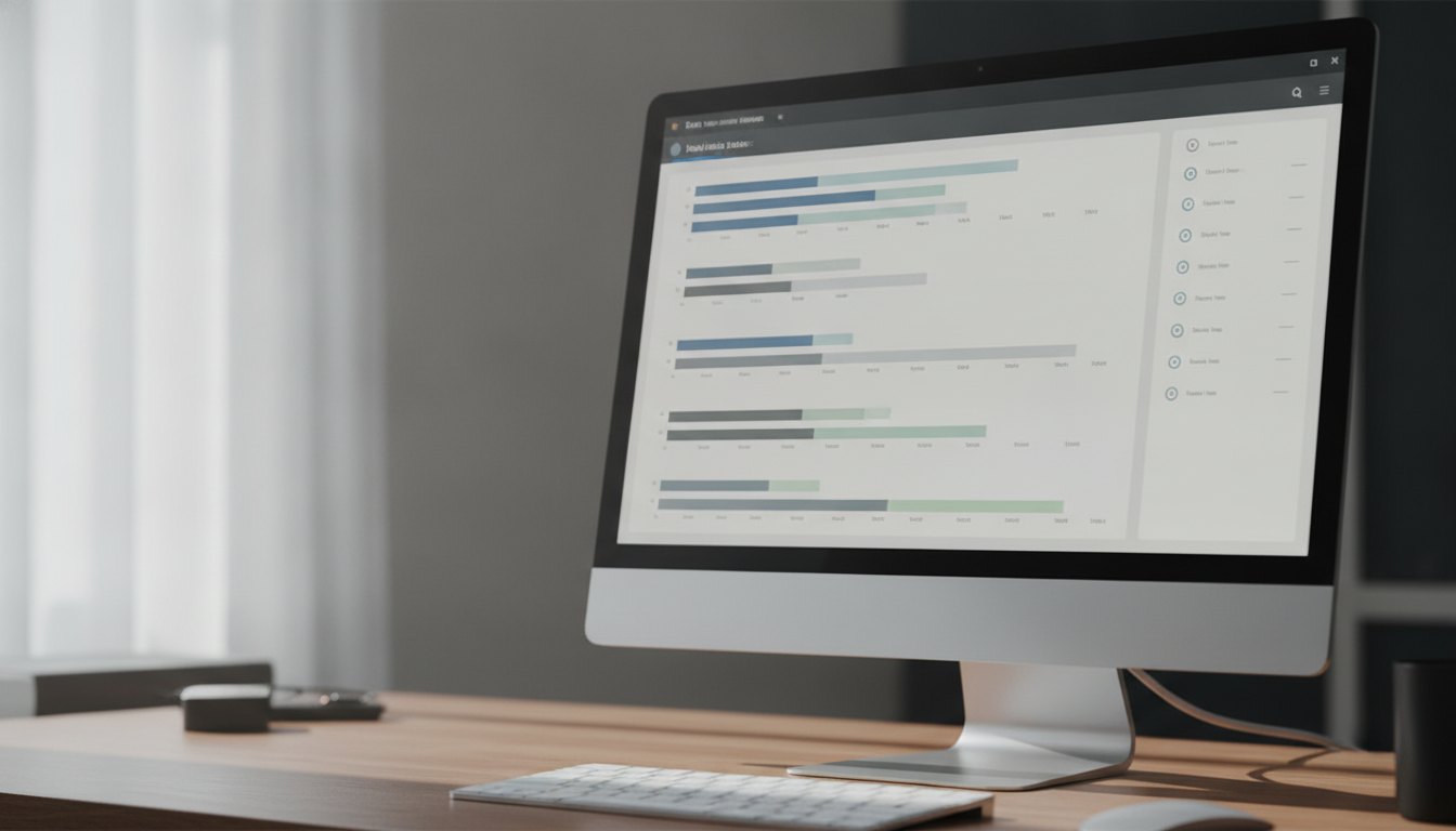 Tela de computador exibindo um painel de software com gráficos de barras e lista de tarefas.