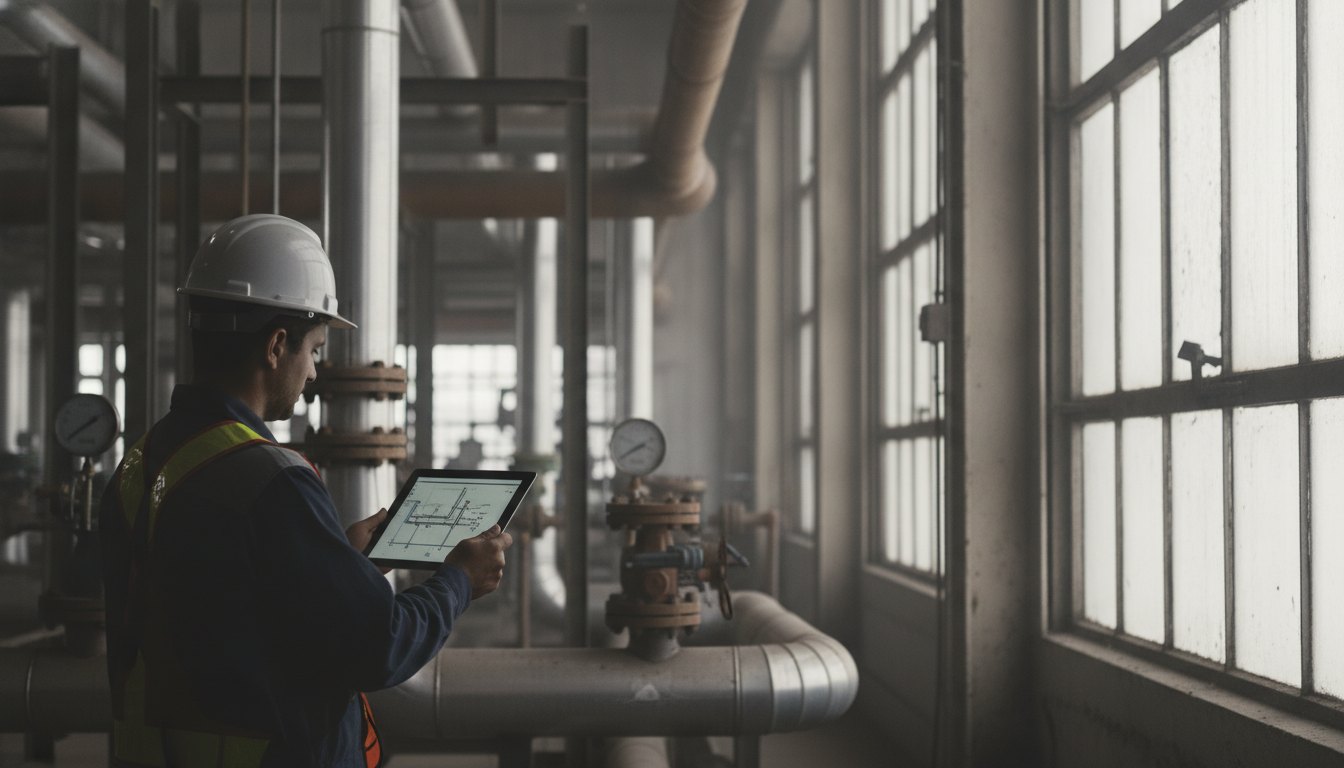 Homem com tablet inspecionando tubulações industriais em ambiente fechado.
