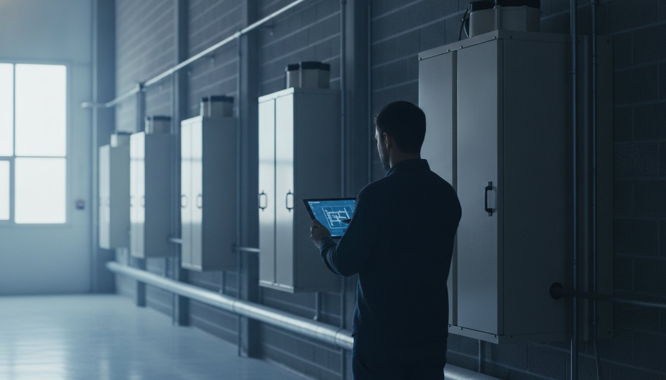 Homem utilizando um tablet em frente a aparelhos de ar-condicionado comerciais instalados na parede.