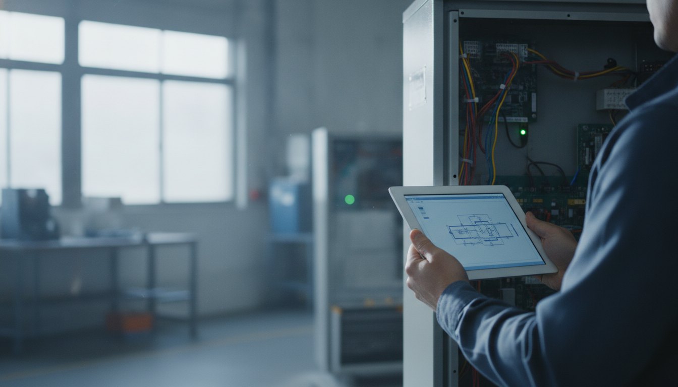 Homem segurando tablet corporativo enquanto observa painel aberto de um equipamento de ar condicionado.