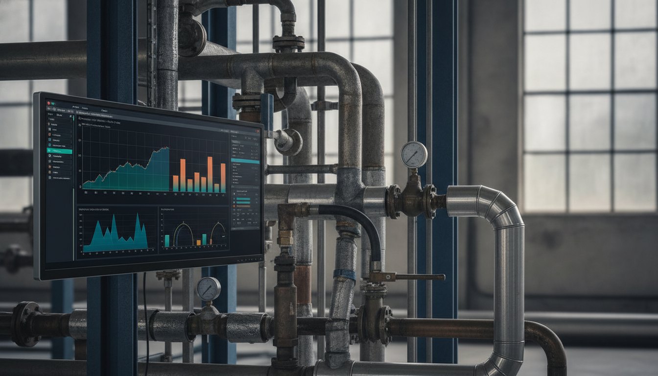 Monitor exibindo um painel de software com gráficos de desempenho ao lado de tubulações industriais.