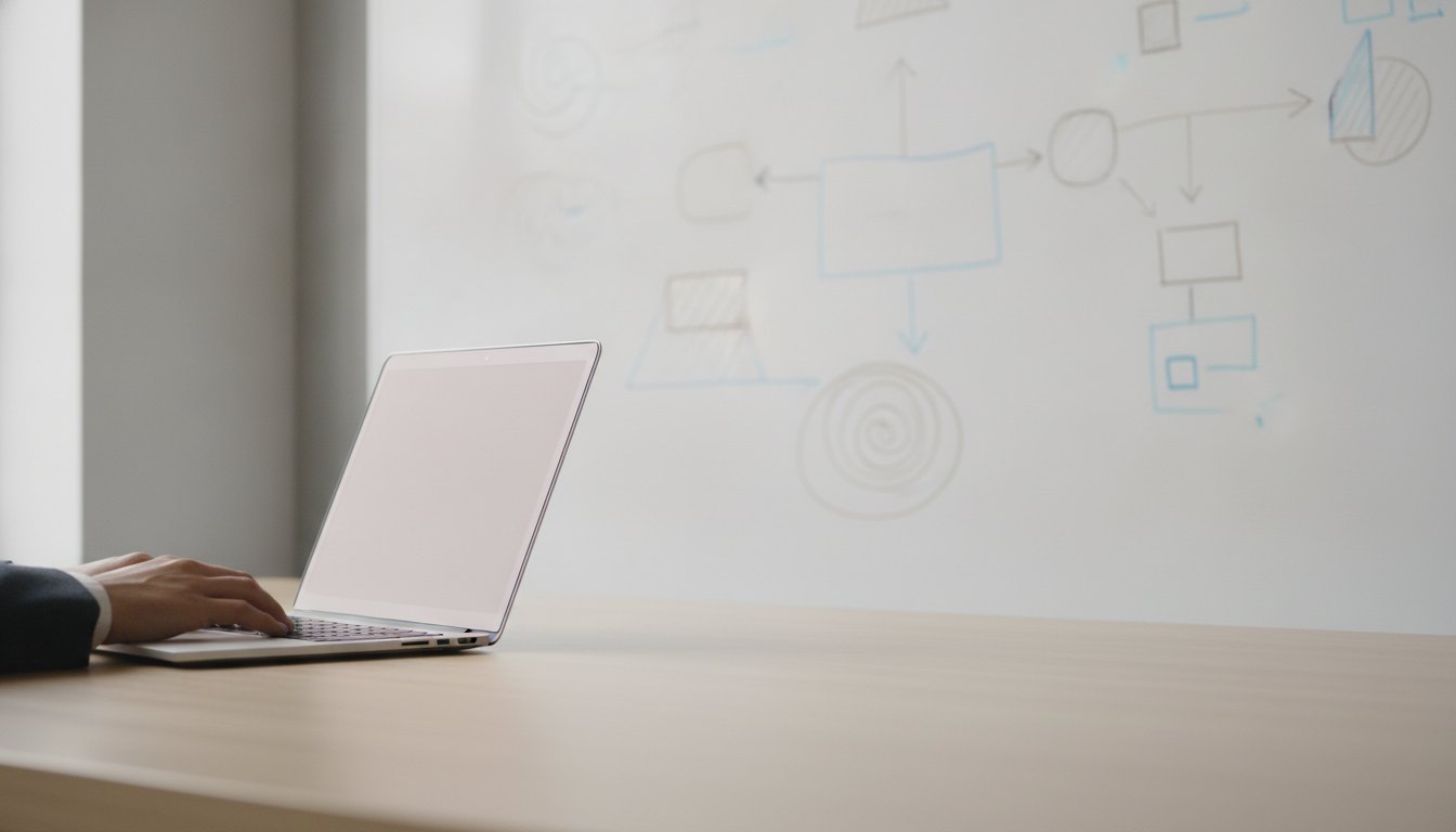 Pessoa digitando em um notebook enquanto olha para anotações em um quadro branco.
